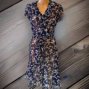 Vintage JBS Silky Dress 6P Semi Sheer Midi Ruffle Y2K Fairy Grunge Blue White